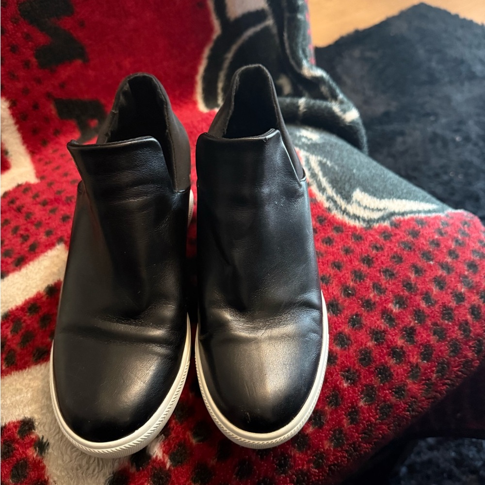 DKNY Black Leather Wedge Slip Ons